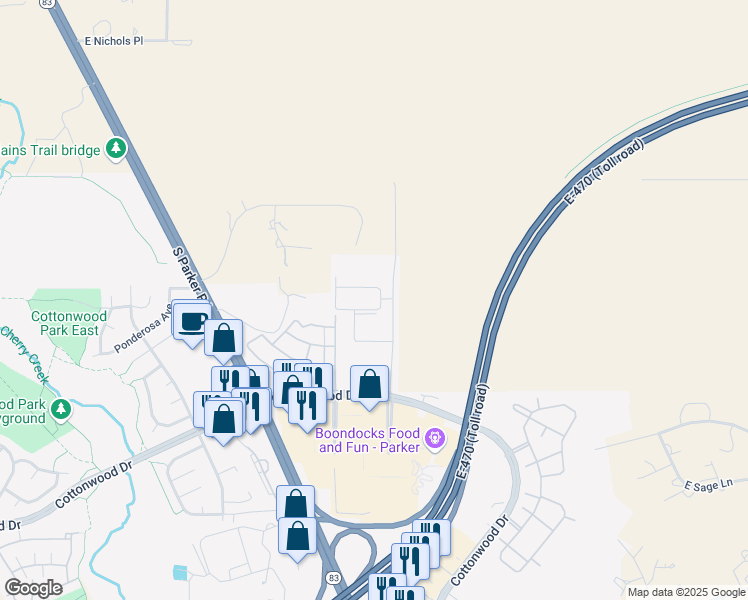 map of restaurants, bars, coffee shops, grocery stores, and more near 5923 East Valley Hi Drive in Parker