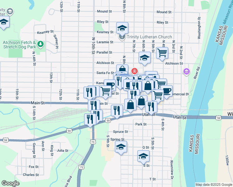 map of restaurants, bars, coffee shops, grocery stores, and more near 832 Commercial St in Atchison