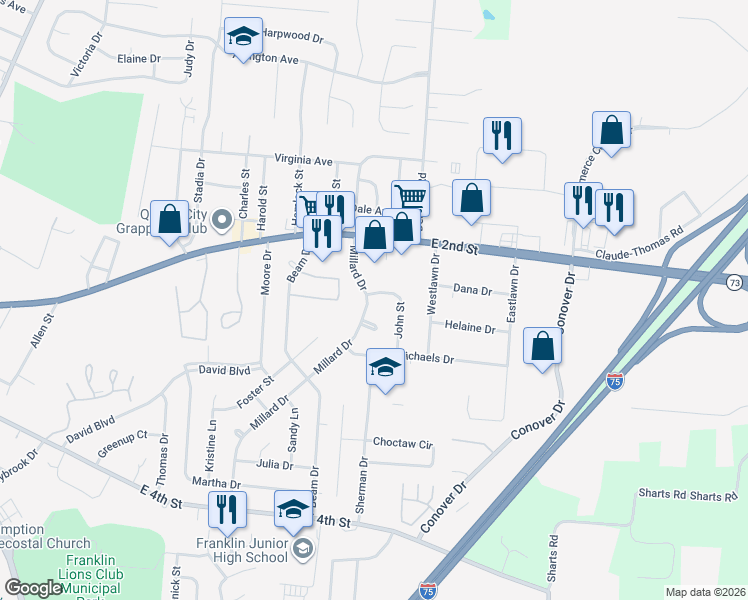 map of restaurants, bars, coffee shops, grocery stores, and more near 20 John Street in Franklin