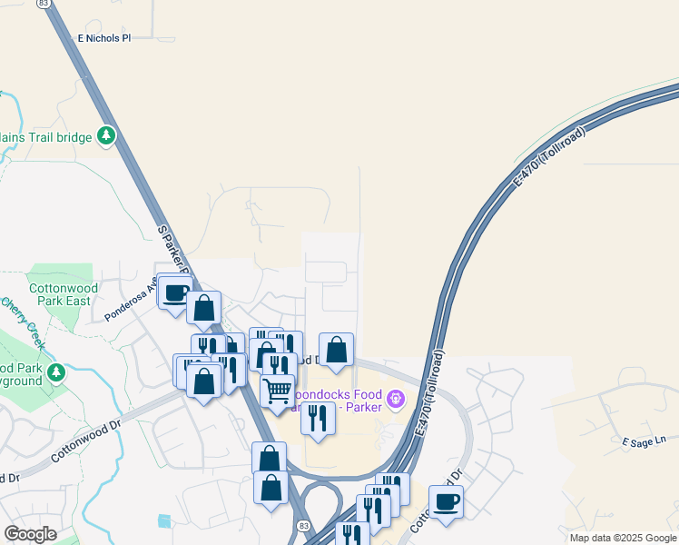 map of restaurants, bars, coffee shops, grocery stores, and more near 8521 Kings Point Way in Parker