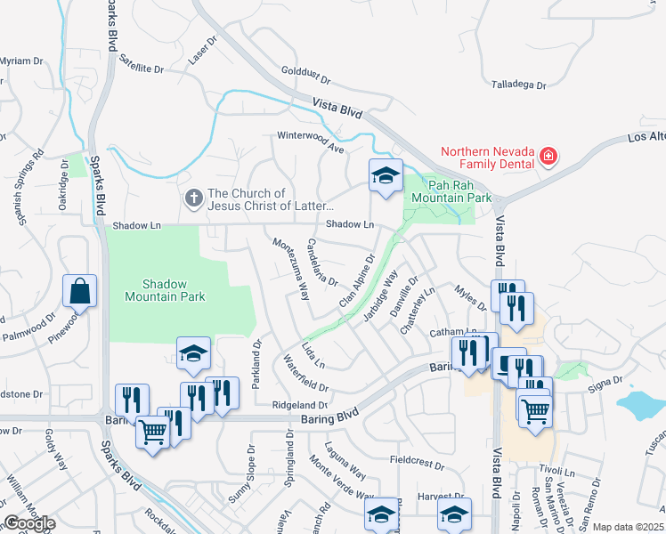 map of restaurants, bars, coffee shops, grocery stores, and more near 1575 Hamilton Drive in Sparks
