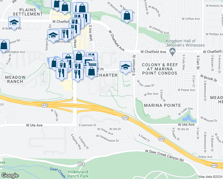 map of restaurants, bars, coffee shops, grocery stores, and more near 8496 South Hoyt Way in Littleton