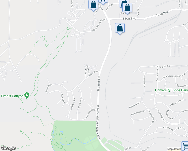 map of restaurants, bars, coffee shops, grocery stores, and more near 3875 Covington Way in Reno