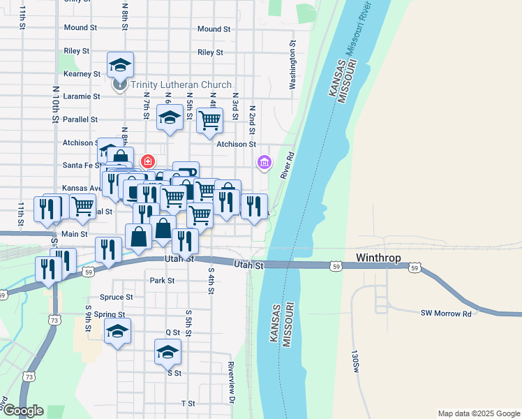 map of restaurants, bars, coffee shops, grocery stores, and more near 100-198 North 2nd Street in Atchison