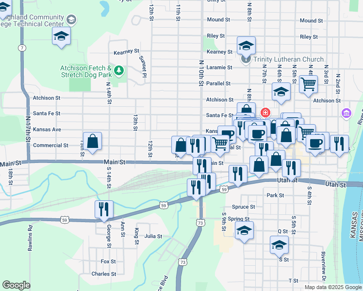 map of restaurants, bars, coffee shops, grocery stores, and more near in Atchison