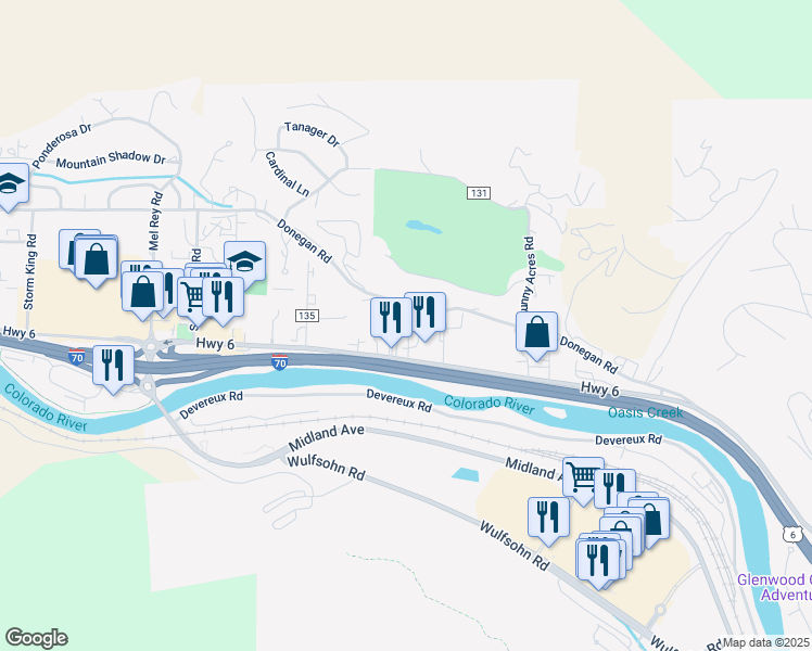 map of restaurants, bars, coffee shops, grocery stores, and more near 51691 Highway 6 in Glenwood Springs
