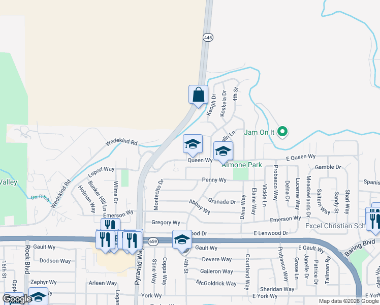 map of restaurants, bars, coffee shops, grocery stores, and more near 3460 Gwynelle Court in Sparks