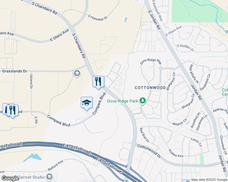 map of restaurants, bars, coffee shops, grocery stores, and more near 15470 Canyon Rim Drive in Englewood