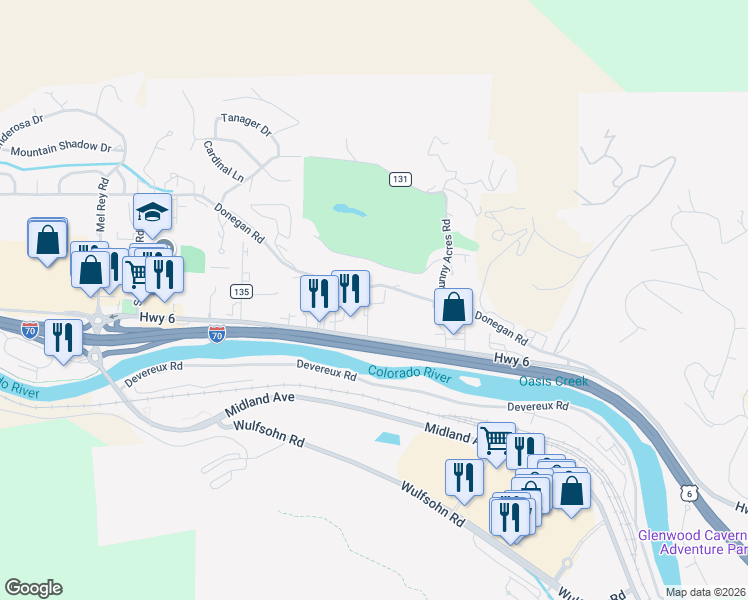 map of restaurants, bars, coffee shops, grocery stores, and more near 5101 Sunset Ridge Court in Glenwood Springs