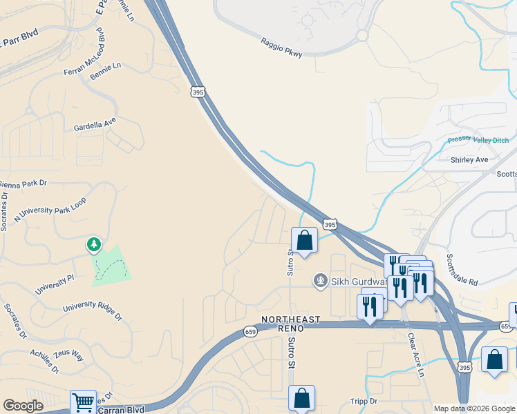 map of restaurants, bars, coffee shops, grocery stores, and more near 115-121 Cabernet Parkway in Reno