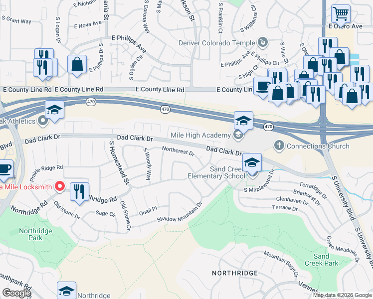 map of restaurants, bars, coffee shops, grocery stores, and more near 1431 Northcrest Drive in Littleton