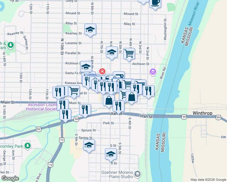 map of restaurants, bars, coffee shops, grocery stores, and more near in Atchison