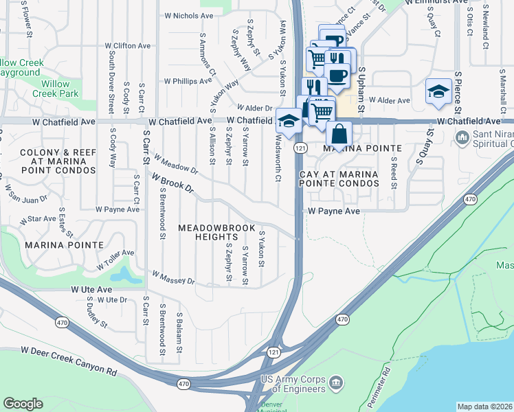 map of restaurants, bars, coffee shops, grocery stores, and more near 8505 South Yukon Street in Littleton