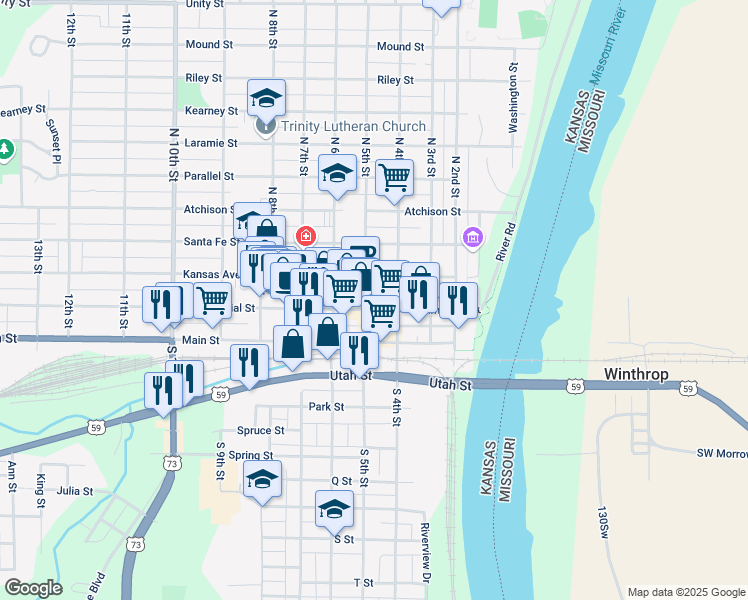 map of restaurants, bars, coffee shops, grocery stores, and more near 101 N 4th St in Atchison