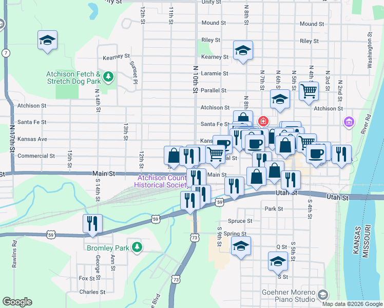map of restaurants, bars, coffee shops, grocery stores, and more near North 10th Street in Atchison