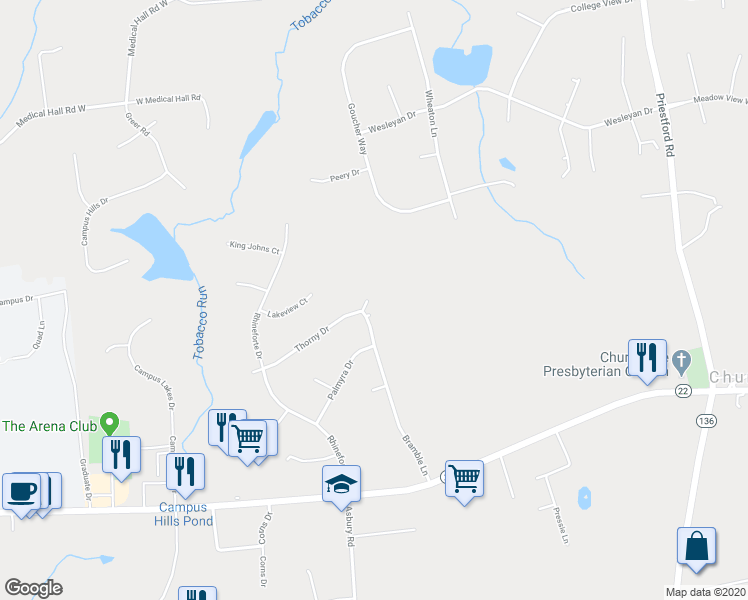 map of restaurants, bars, coffee shops, grocery stores, and more near 2626 Thorny Drive in Churchville