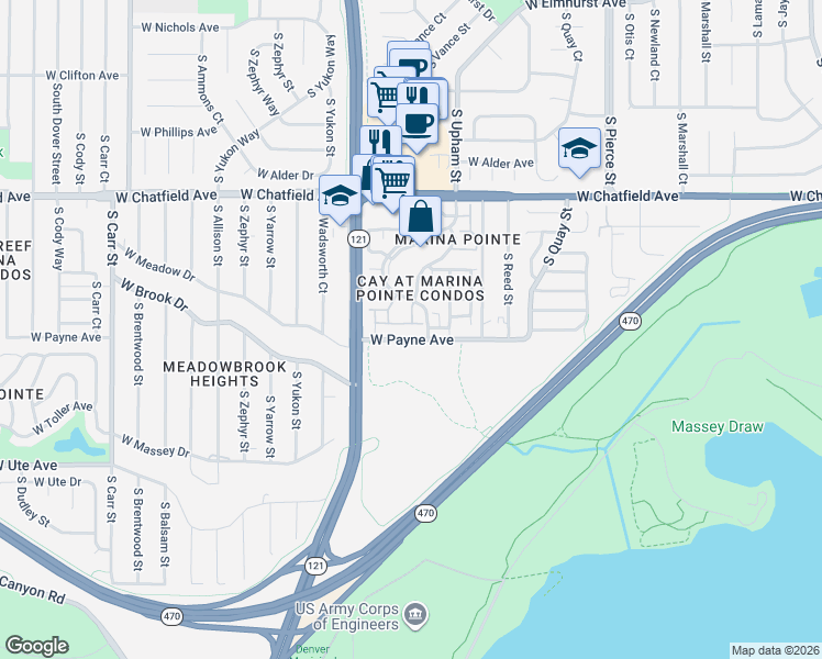 map of restaurants, bars, coffee shops, grocery stores, and more near 8473 South Upham Way in Littleton