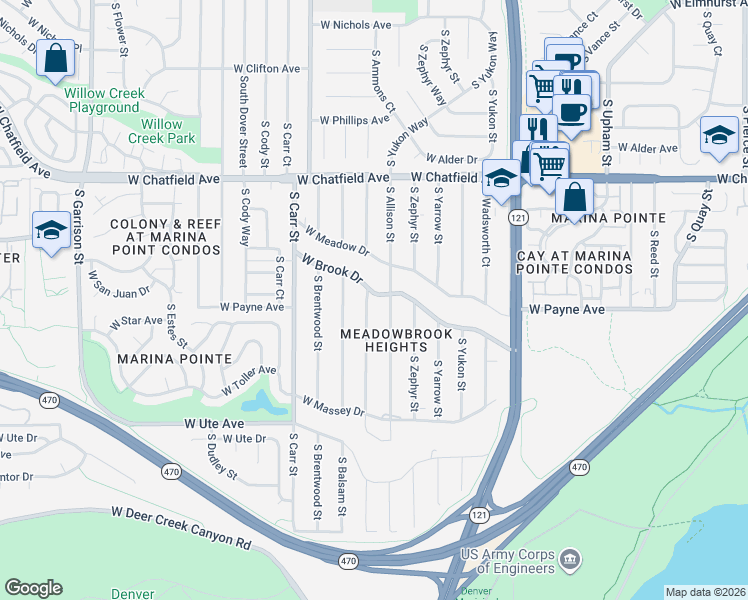 map of restaurants, bars, coffee shops, grocery stores, and more near 8047 West Brook Drive in Littleton