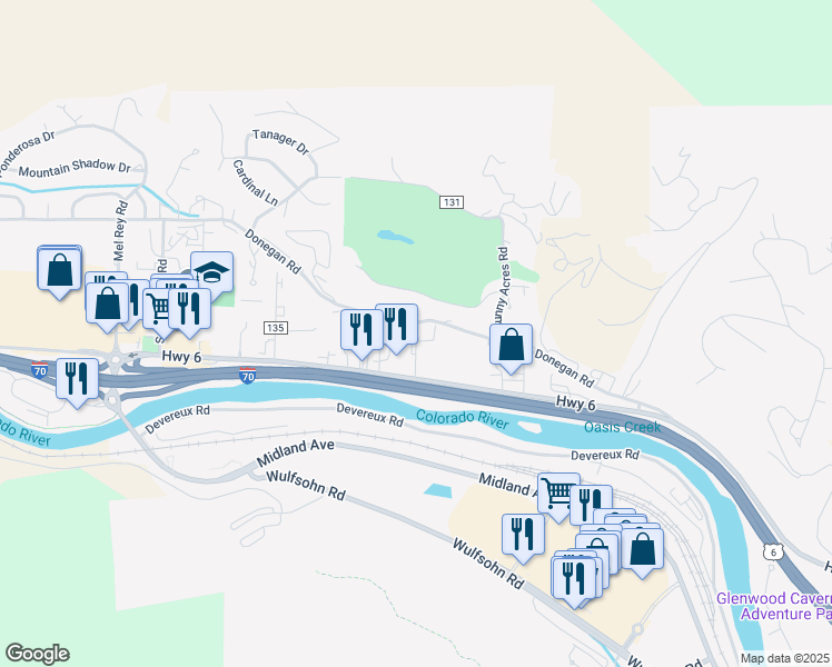 map of restaurants, bars, coffee shops, grocery stores, and more near 5101 Sunset Ridge Court in Glenwood Springs
