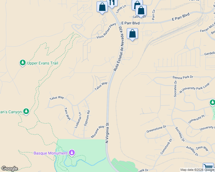 map of restaurants, bars, coffee shops, grocery stores, and more near in Reno