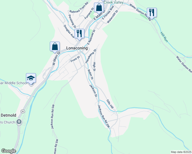 map of restaurants, bars, coffee shops, grocery stores, and more near 39 High Street in Lonaconing