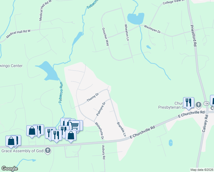 map of restaurants, bars, coffee shops, grocery stores, and more near 2624 Thorny Drive in Churchville