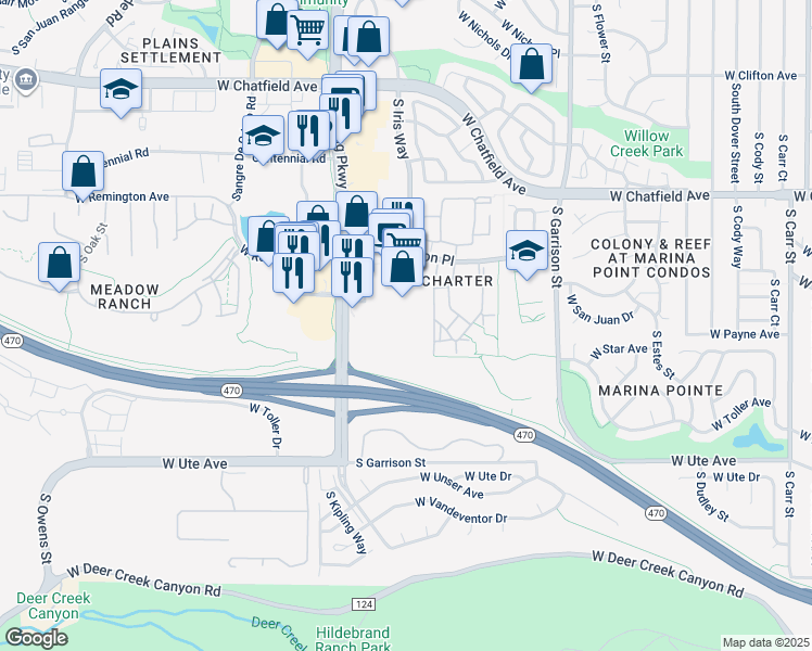 map of restaurants, bars, coffee shops, grocery stores, and more near 8444 South Kipling Parkway in Littleton