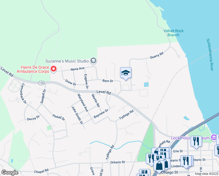 map of restaurants, bars, coffee shops, grocery stores, and more near 1323 Superior Street in Havre de Grace