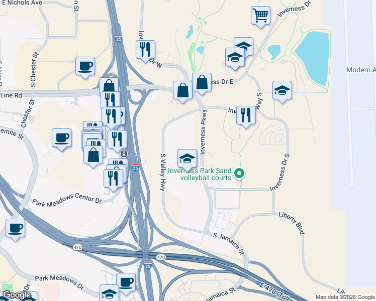 map of restaurants, bars, coffee shops, grocery stores, and more near 383 Inverness Parkway in Englewood