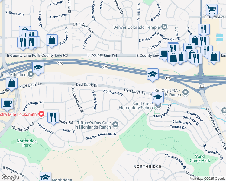map of restaurants, bars, coffee shops, grocery stores, and more near 1381 Northcrest Drive in Littleton