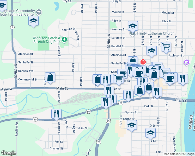 map of restaurants, bars, coffee shops, grocery stores, and more near 1033 Commercial Street in Atchison
