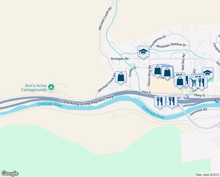 map of restaurants, bars, coffee shops, grocery stores, and more near 50591 Highway 6 in Glenwood Springs