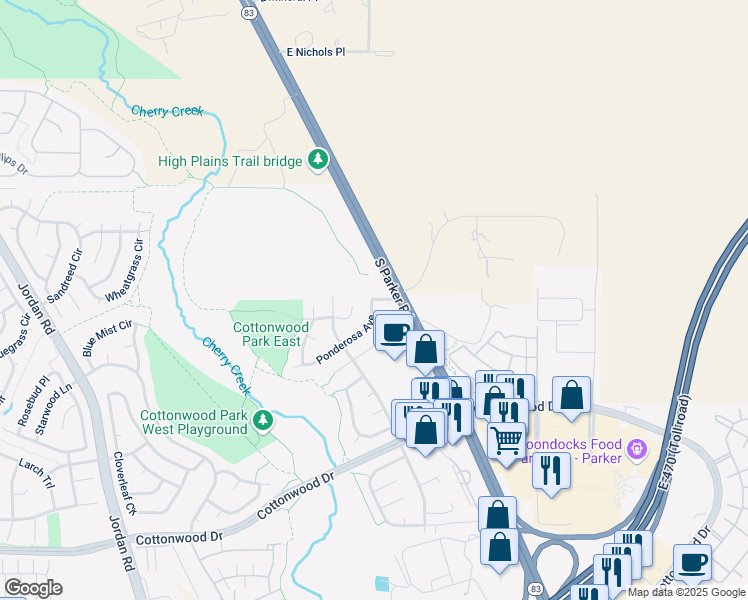 map of restaurants, bars, coffee shops, grocery stores, and more near 15751 East Valley Hi Drive in Parker