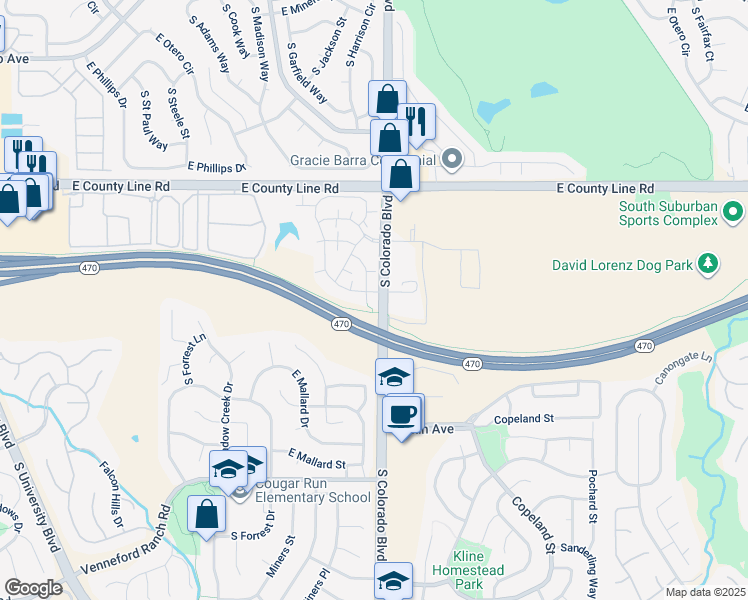 map of restaurants, bars, coffee shops, grocery stores, and more near 8485 Pebble Creek Way in Littleton
