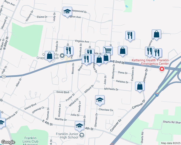 map of restaurants, bars, coffee shops, grocery stores, and more near 67 Millard Drive in Franklin