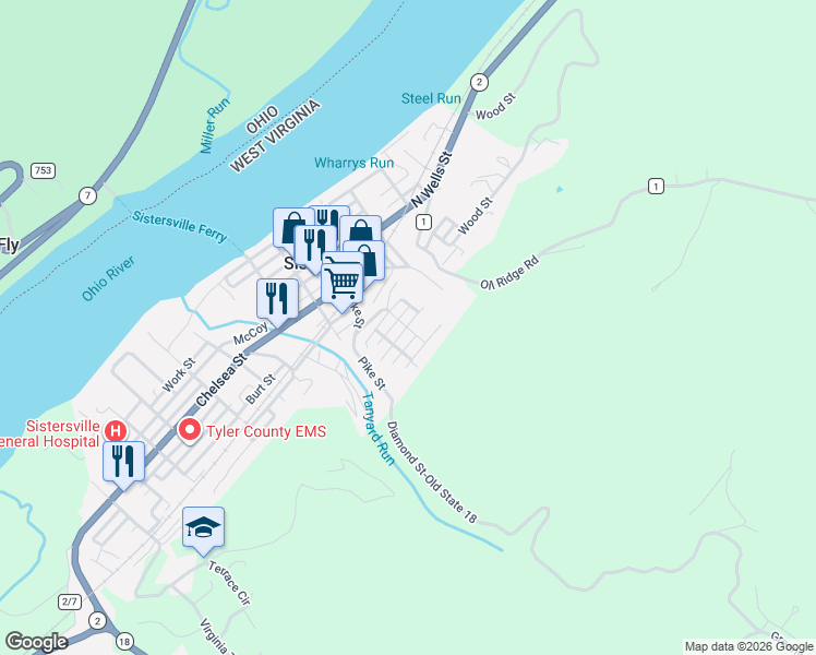 map of restaurants, bars, coffee shops, grocery stores, and more near 49-99 Chestnut Street in Sistersville