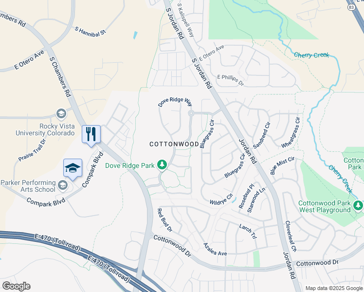 map of restaurants, bars, coffee shops, grocery stores, and more near 8474 Blackgum Street in Parker