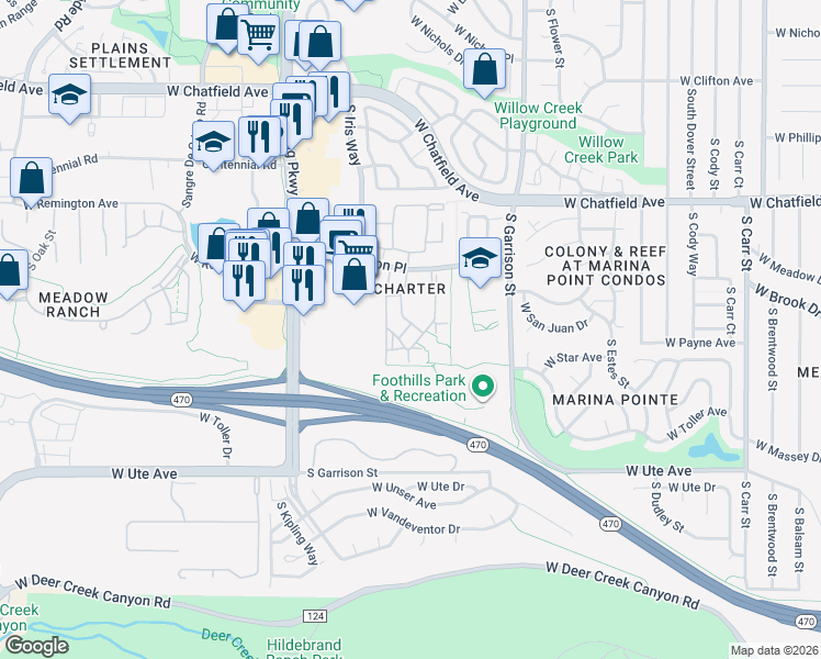 map of restaurants, bars, coffee shops, grocery stores, and more near 8496 South Hoyt Way in Littleton