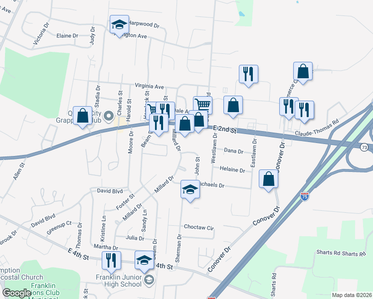 map of restaurants, bars, coffee shops, grocery stores, and more near 20 John Street in Franklin