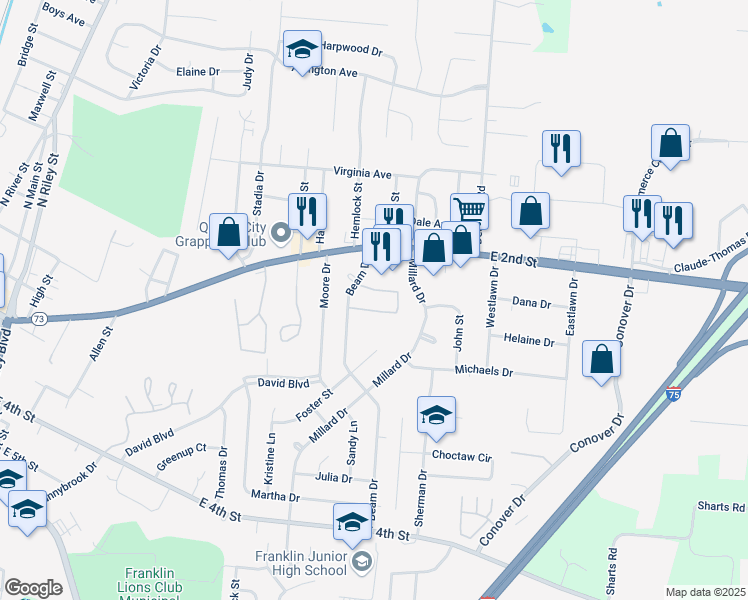 map of restaurants, bars, coffee shops, grocery stores, and more near 50 Beam Drive in Franklin