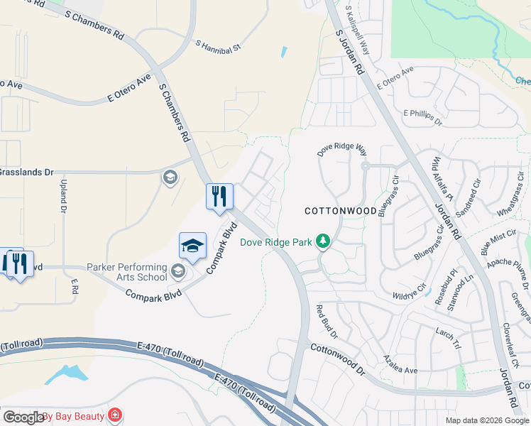 map of restaurants, bars, coffee shops, grocery stores, and more near 15470 Canyon Rim Drive in Englewood