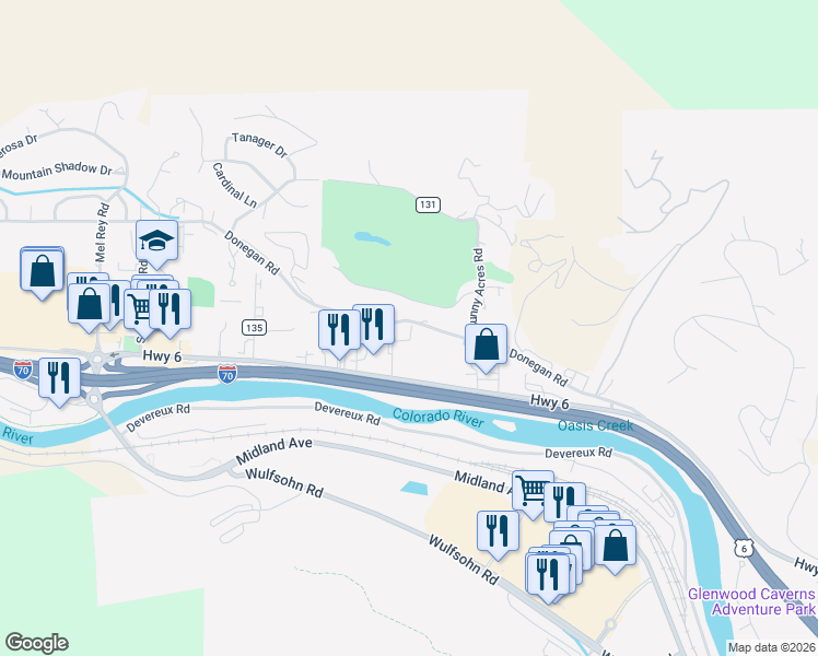 map of restaurants, bars, coffee shops, grocery stores, and more near 5101 Sunset Ridge Court in Glenwood Springs