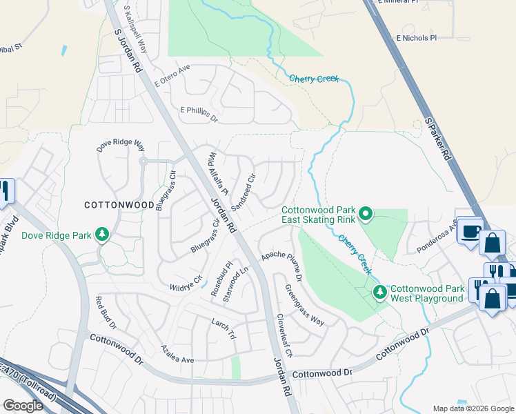 map of restaurants, bars, coffee shops, grocery stores, and more near 8512 Wheatgrass Circle in Parker