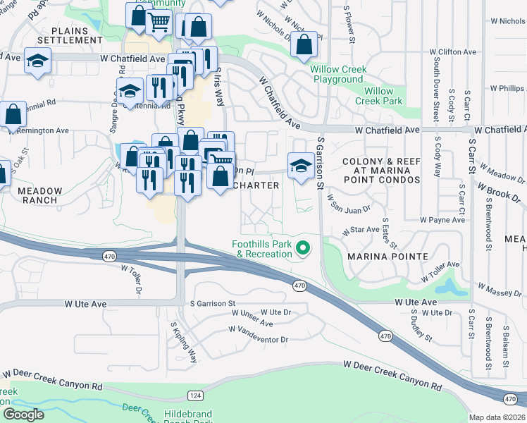 map of restaurants, bars, coffee shops, grocery stores, and more near 15654 South Hoyt Way in Littleton