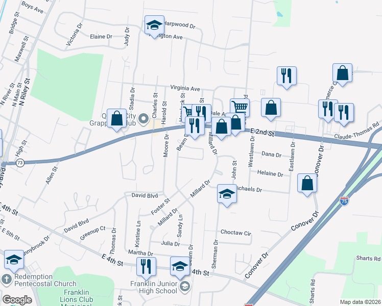 map of restaurants, bars, coffee shops, grocery stores, and more near 80 Beam Drive in Franklin
