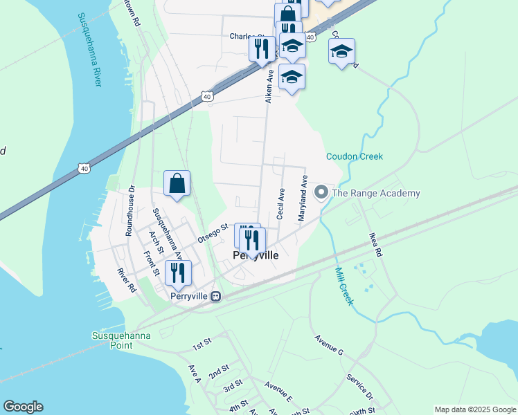map of restaurants, bars, coffee shops, grocery stores, and more near 100 Concord Drive in Perryville