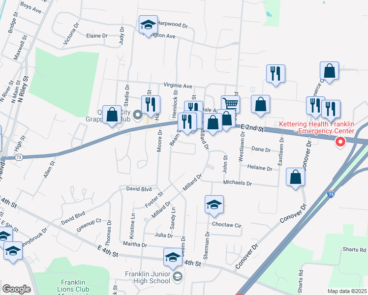 map of restaurants, bars, coffee shops, grocery stores, and more near 80 Beam Drive in Franklin