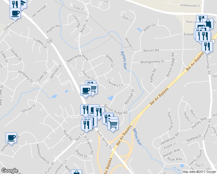 map of restaurants, bars, coffee shops, grocery stores, and more near 311 Pond View Court in Forest Hill