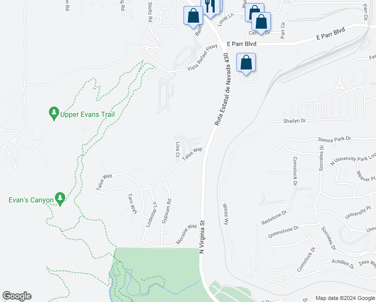 map of restaurants, bars, coffee shops, grocery stores, and more near 3845 Covington Way in Reno