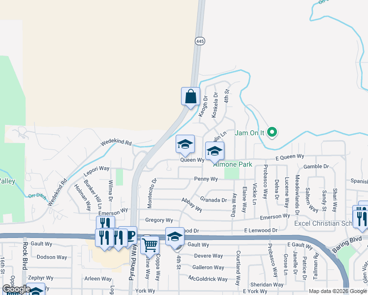 map of restaurants, bars, coffee shops, grocery stores, and more near 3460 Gwynelle Court in Sparks
